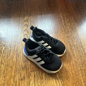 Adidas Kids Black and White Sneakers with Blue Accents